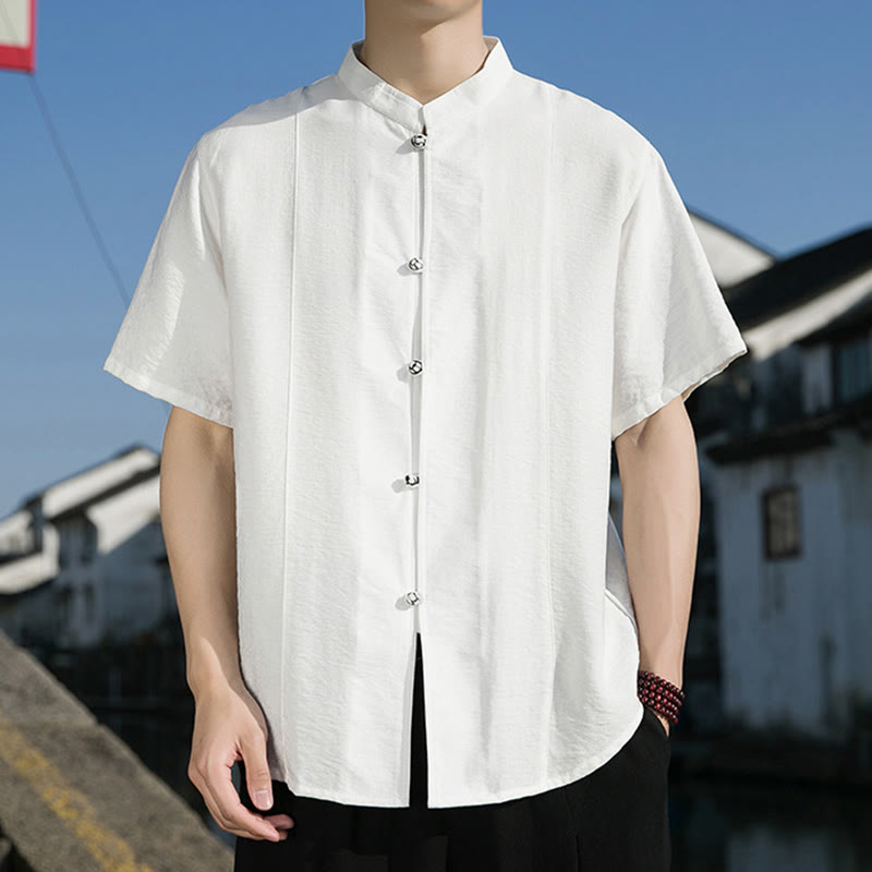 Buddha Stones Summer Solid Color Front Button Design Men's Half Sleeve Cotton Shirt - image 5