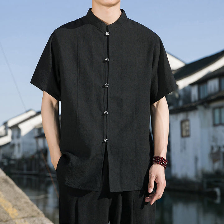 Buddha Stones Summer Solid Color Front Button Design Men's Half Sleeve Cotton Shirt - Black - US/UK/AU42，EU52 (3XL) - image 12