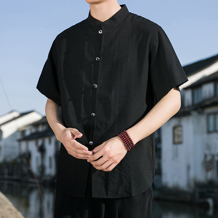 Buddha Stones Summer Solid Color Front Button Design Men's Half Sleeve Cotton Shirt - image 17