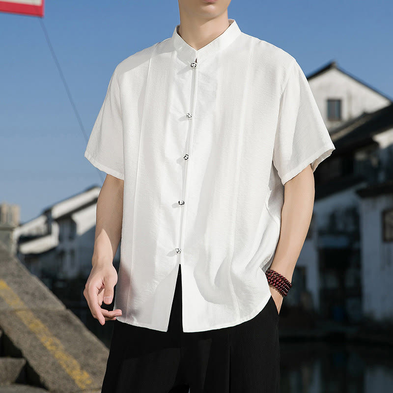 Buddha Stones Summer Solid Color Front Button Design Men's Half Sleeve Cotton Shirt - image 3