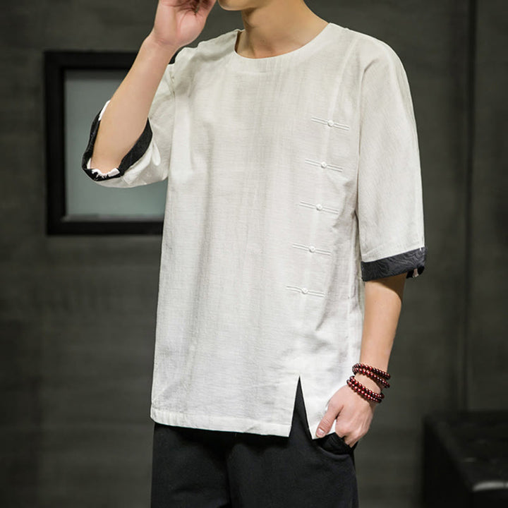 Buddha Stones Summer Retro Solid Color Patchwork Design Men's Three Quarter Sleeve Cotton Linen T-Shirt - image 24