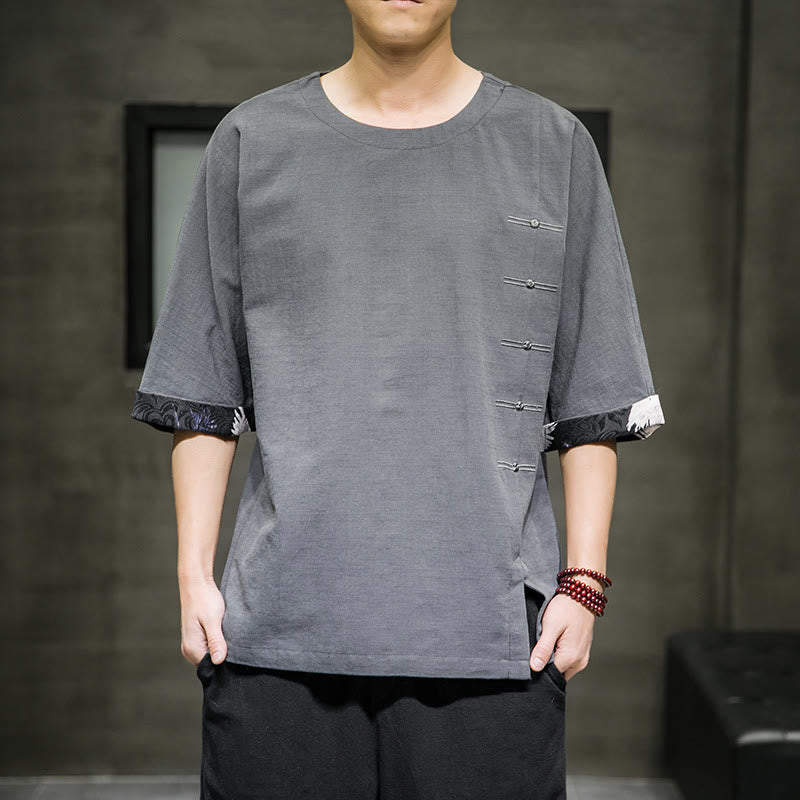 Buddha Stones Summer Retro Solid Color Patchwork Design Men's Three Quarter Sleeve Cotton Linen T-Shirt - LightSlateGray - US/UK/AU46，EU56 (5XL) - image 14