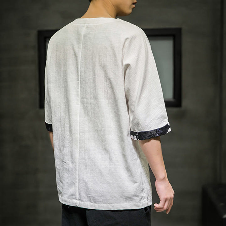 Buddha Stones Summer Retro Solid Color Patchwork Design Men's Three Quarter Sleeve Cotton Linen T-Shirt - image 25