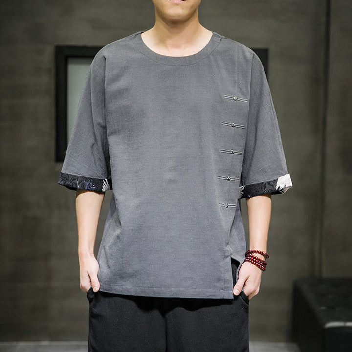 Buddha Stones Summer Retro Solid Color Patchwork Design Men's Three Quarter Sleeve Cotton Linen T-Shirt - LightSlateGray - US/UK/AU46，EU56 (5XL) - image 14