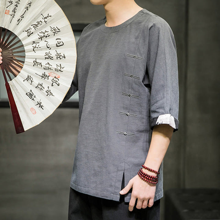 Buddha Stones Summer Retro Solid Color Patchwork Design Men's Three Quarter Sleeve Cotton Linen T-Shirt - image 20