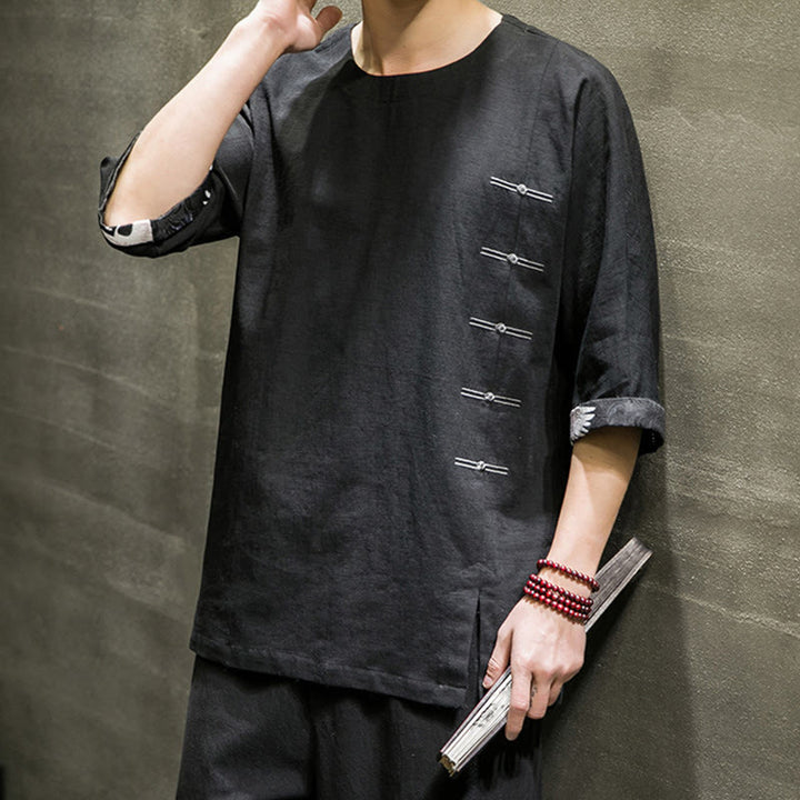 Buddha Stones Summer Retro Solid Color Patchwork Design Men's Three Quarter Sleeve Cotton Linen T-Shirt - image 5