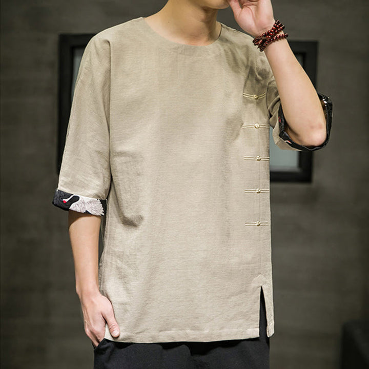 Buddha Stones Summer Retro Solid Color Patchwork Design Men's Three Quarter Sleeve Cotton Linen T-Shirt - image 10