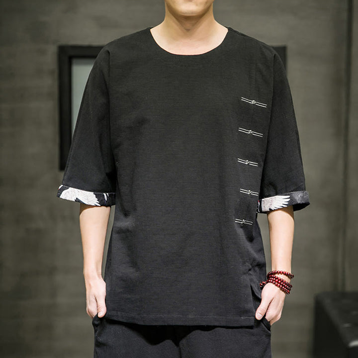 Buddha Stones Summer Retro Solid Color Patchwork Design Men's Three Quarter Sleeve Cotton Linen T-Shirt - image 1