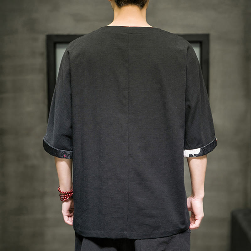 Buddha Stones Summer Retro Solid Color Patchwork Design Men's Three Quarter Sleeve Cotton Linen T-Shirt - image 3