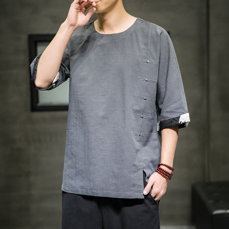 Buddha Stones Summer Retro Solid Color Patchwork Design Men's Three Quarter Sleeve Cotton Linen T-Shirt - image 15