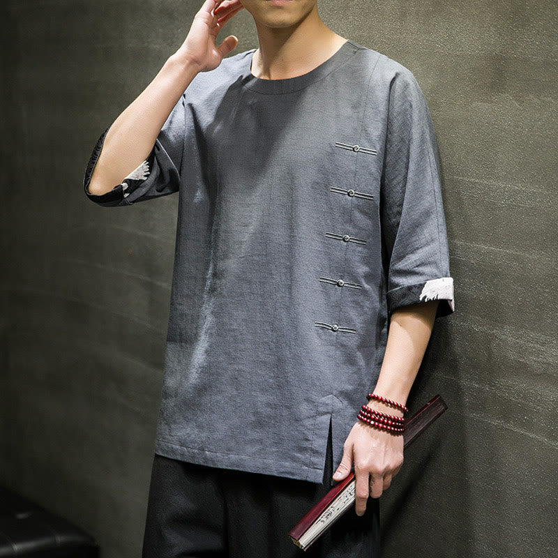 Buddha Stones Summer Retro Solid Color Patchwork Design Men's Three Quarter Sleeve Cotton Linen T-Shirt - image 18