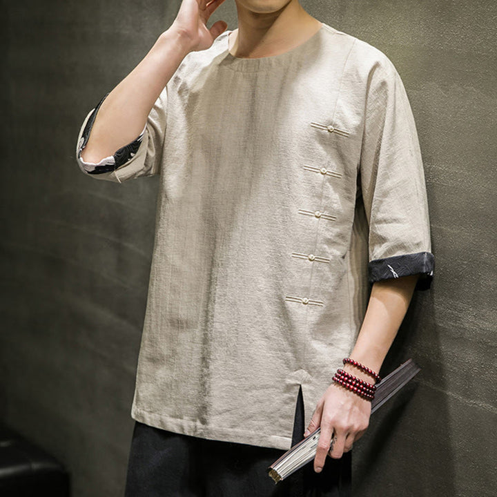 Buddha Stones Summer Retro Solid Color Patchwork Design Men's Three Quarter Sleeve Cotton Linen T-Shirt - image 12