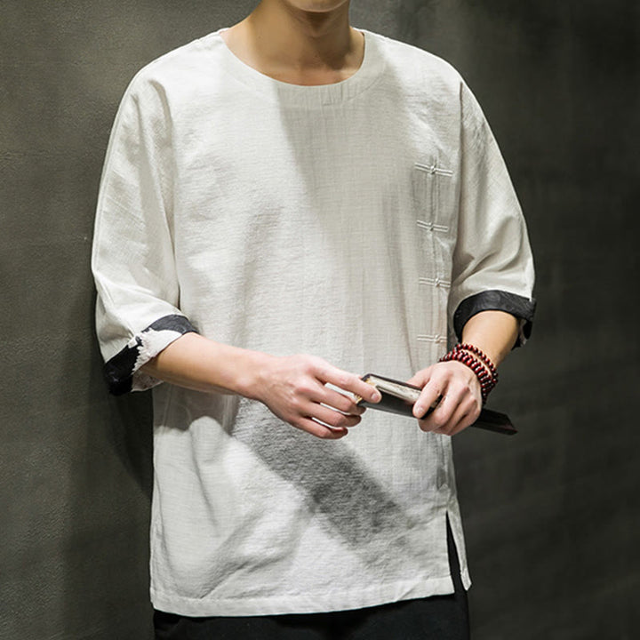 Buddha Stones Summer Retro Solid Color Patchwork Design Men's Three Quarter Sleeve Cotton Linen T-Shirt - image 27