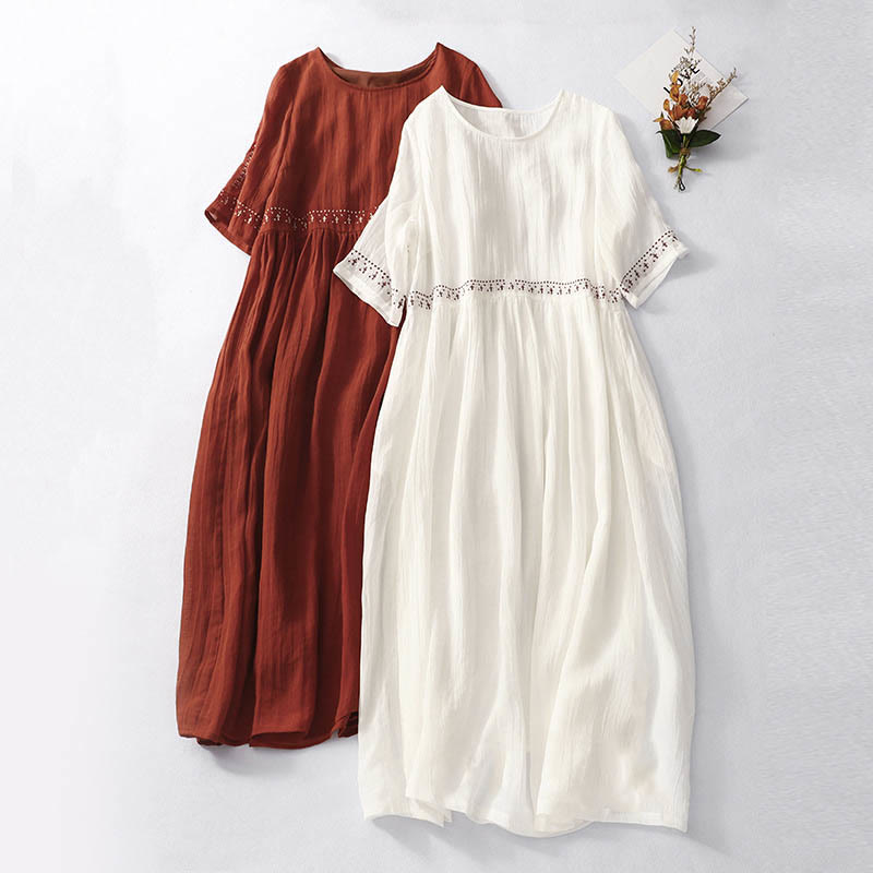 Buddha Stones Solid Color Embroidery Short Sleeve Cotton Midi Dress - image 0