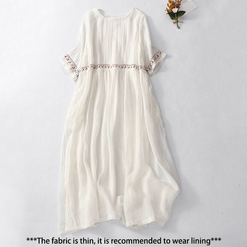 Buddha Stones Solid Color Embroidery Short Sleeve Midi Dress With Pockets - image 1