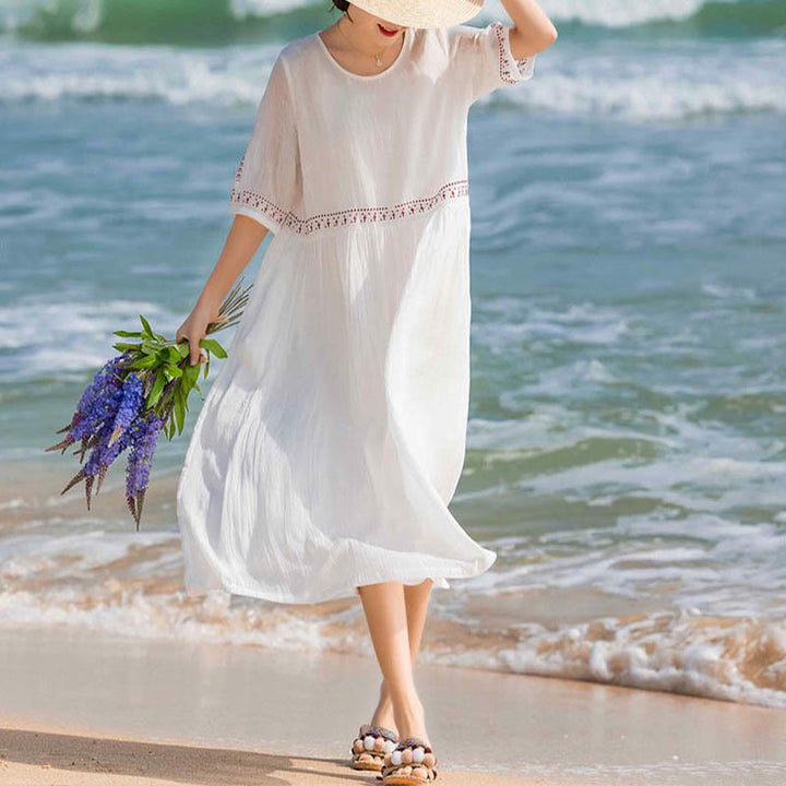 Buddha Stones Solid Color Embroidery Short Sleeve Cotton Midi Dress - image 10