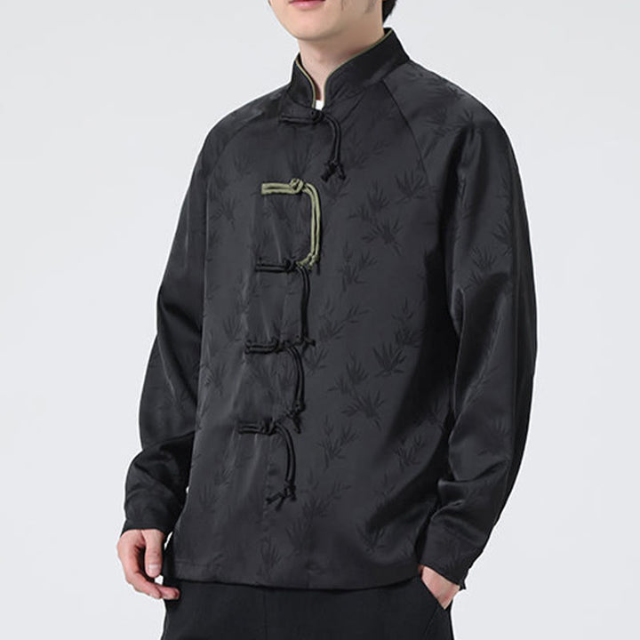Buddha Stones Spring Jacquard Bamboo Leaves Pattern Chinese Frog-Button Design Men's Long Sleeve Shirt - image 22