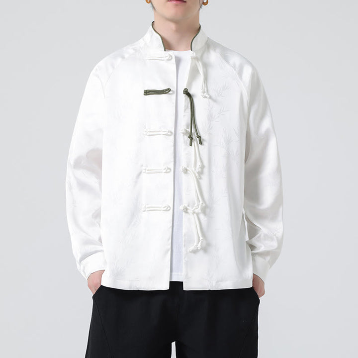 Buddha Stones Spring Jacquard Bamboo Leaves Pattern Chinese Frog-Button Design Men's Long Sleeve Shirt - White - US/UK/AU46，EU56 (5XL) - image 12