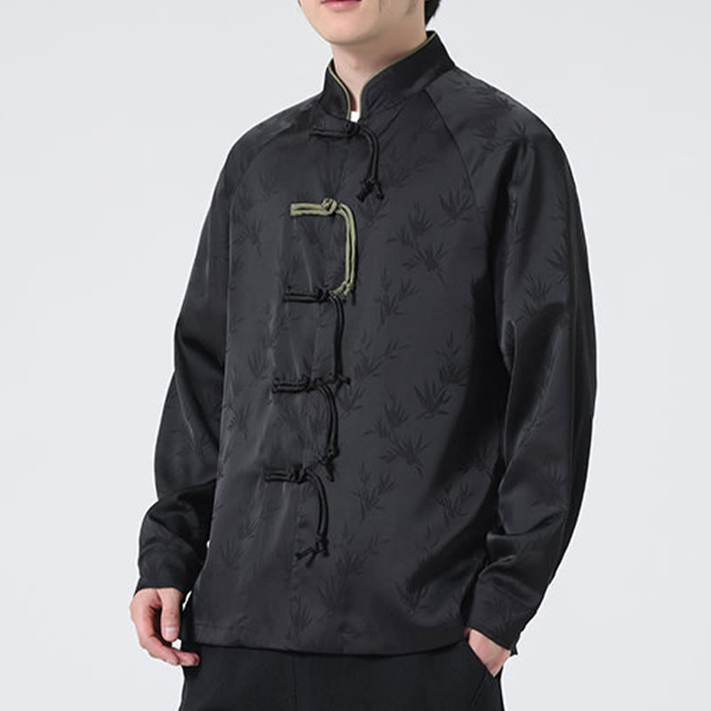 Buddha Stones Spring Jacquard Bamboo Leaves Pattern Chinese Frog-Button Design Men's Long Sleeve Shirt - image 22