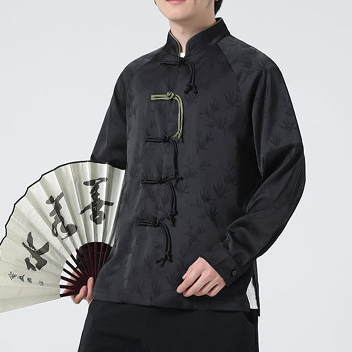 Buddha Stones Spring Jacquard Bamboo Leaves Pattern Chinese Frog-Button Design Men's Long Sleeve Shirt - image 23