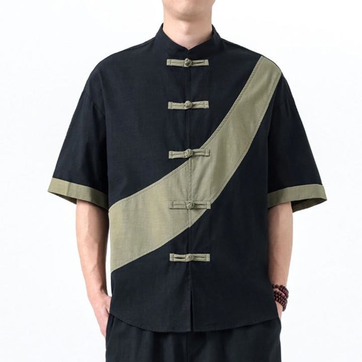 Buddha Stones Spring Color Contrast Chinese Frog-Button Design Men's Half Sleeve Cotton Linen Shirt - image 2