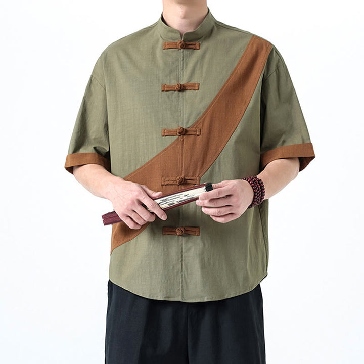 Buddha Stones Spring Color Contrast Chinese Frog-Button Design Men's Half Sleeve Cotton Linen Shirt - image 16