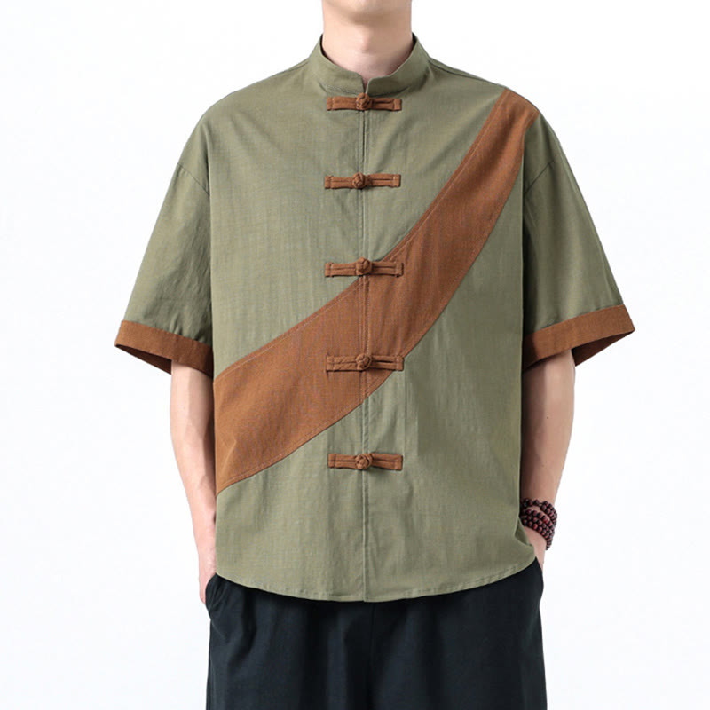 Buddha Stones Spring Color Contrast Chinese Frog-Button Design Men's Half Sleeve Cotton Linen Shirt - image 12