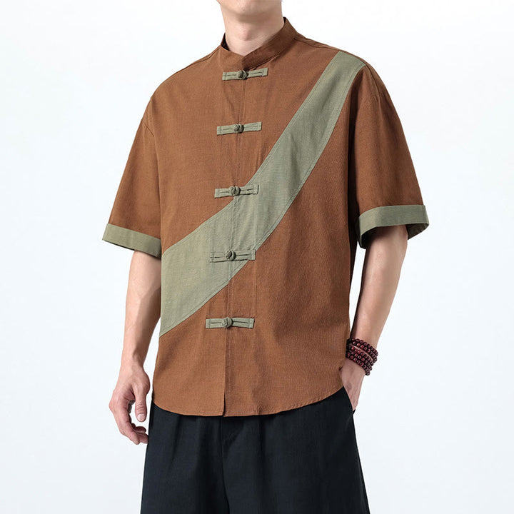 Buddha Stones Spring Color Contrast Chinese Frog-Button Design Men's Half Sleeve Cotton Linen Shirt - image 19
