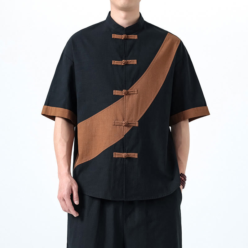 Buddha Stones Spring Color Contrast Chinese Frog-Button Design Men's Half Sleeve Cotton Linen Shirt - Black With Peru - US/UK/AU46，EU56 (5XL) - image 28