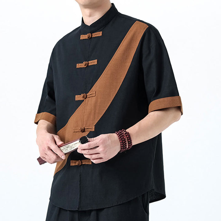 Buddha Stones Spring Color Contrast Chinese Frog-Button Design Men's Half Sleeve Cotton Linen Shirt - image 29