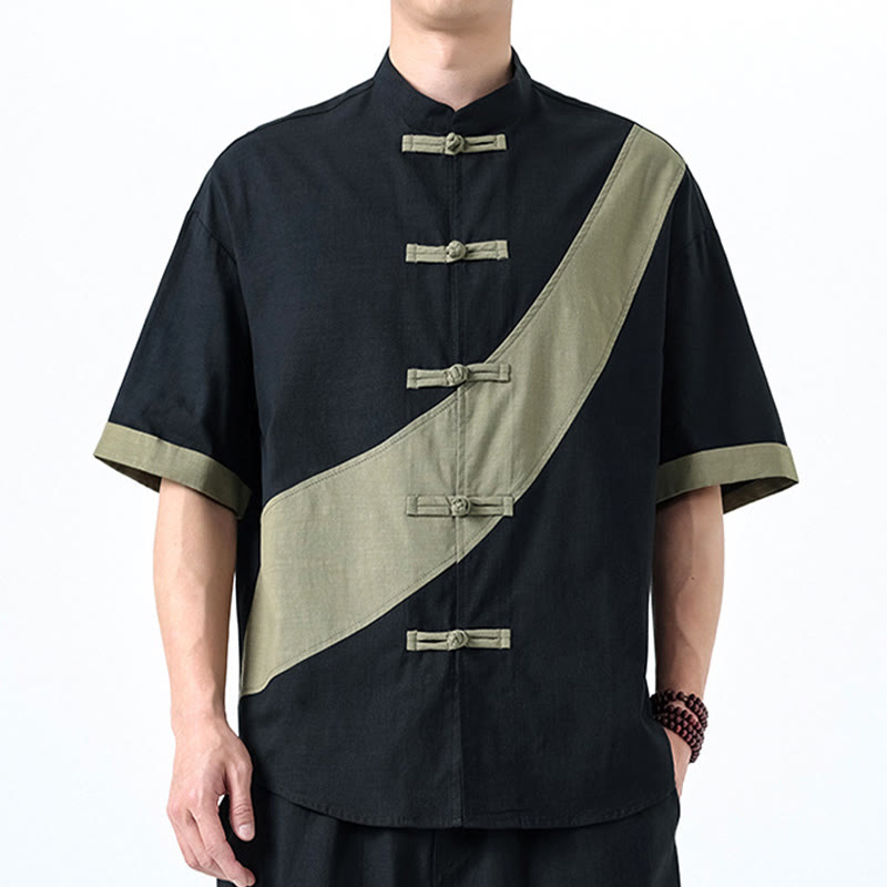 Buddha Stones Spring Color Contrast Chinese Frog-Button Design Men's Half Sleeve Cotton Linen Shirt - Black With DarkSeaGreen - US/UK/AU46，EU56 (5XL) - image 0