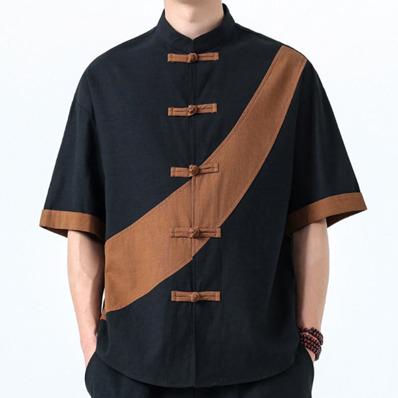 Buddha Stones Spring Color Contrast Chinese Frog-Button Design Men's Half Sleeve Cotton Linen Shirt - image 34