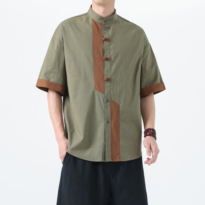 Buddha Stones Casual Color Matching Chinese Frog-Button Design Tang Suit Men's Half Sleeve Cotton Linen Shirt - image 13
