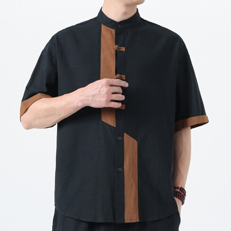 Buddha Stones Casual Color Matching Chinese Frog-Button Design Tang Suit Men's Half Sleeve Cotton Linen Shirt - image 4