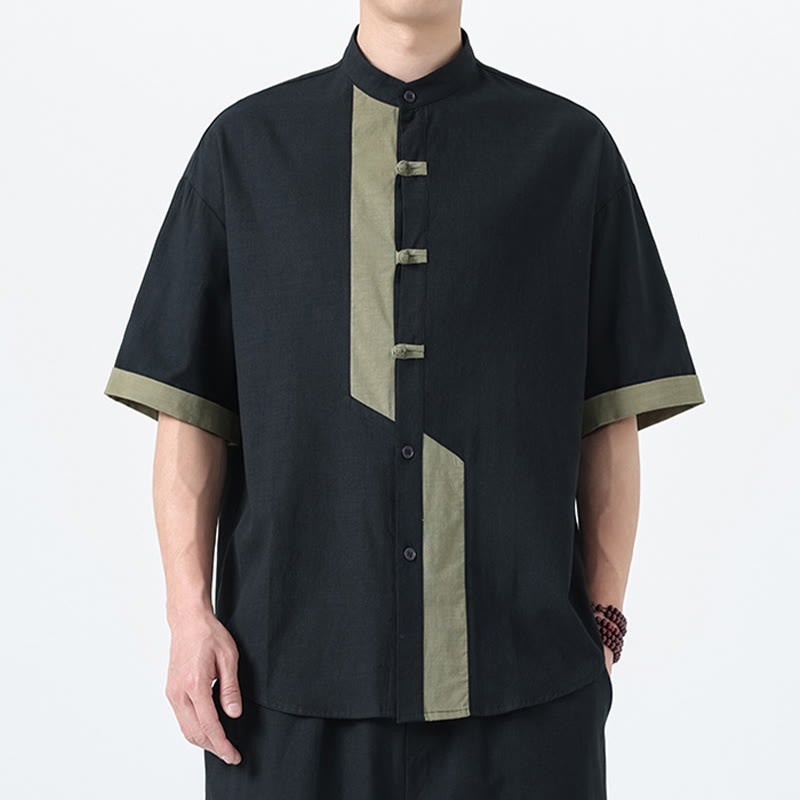 Buddha Stones Casual Color Matching Chinese Frog-Button Design Tang Suit Men's Half Sleeve Cotton Linen Shirt - image 22