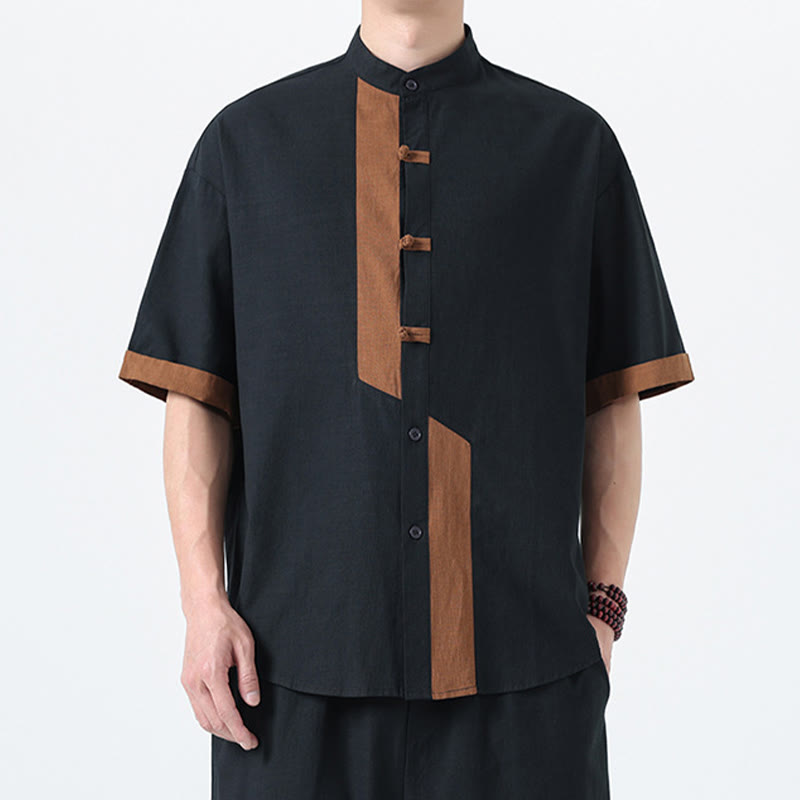 Buddha Stones Casual Color Matching Chinese Frog-Button Design Tang Suit Men's Half Sleeve Cotton Linen Shirt - image 1