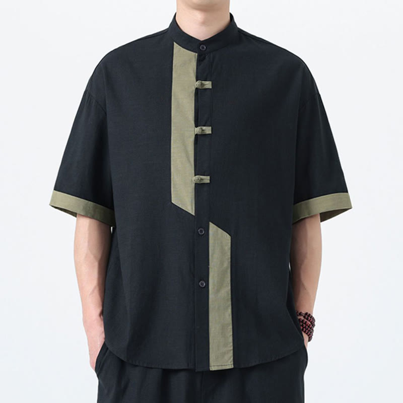 Buddha Stones Casual Color Matching Chinese Frog-Button Design Tang Suit Men's Half Sleeve Cotton Linen Shirt - image 23