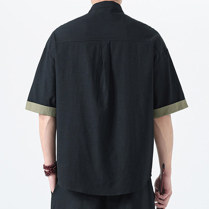 Buddha Stones Casual Color Matching Chinese Frog-Button Design Tang Suit Men's Half Sleeve Cotton Linen Shirt - image 24