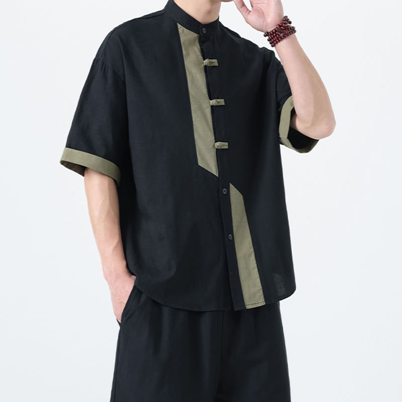 Buddha Stones Casual Color Matching Chinese Frog-Button Design Tang Suit Men's Half Sleeve Cotton Linen Shirt - image 25