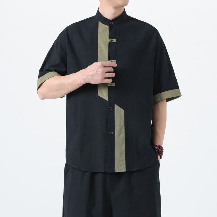 Buddha Stones Casual Color Matching Chinese Frog-Button Design Tang Suit Men's Half Sleeve Cotton Linen Shirt - Black With DarkSeaGreen - US/UK/AU46，EU56 (5XL) - image 19