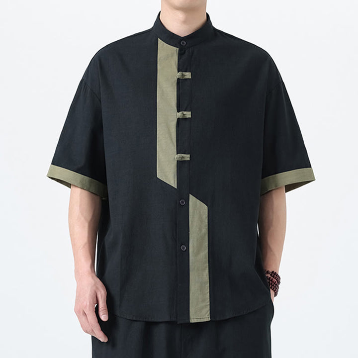 Buddha Stones Casual Color Matching Chinese Frog-Button Design Tang Suit Men's Half Sleeve Cotton Linen Shirt - image 22