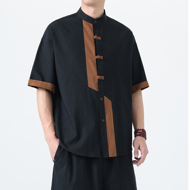 Buddha Stones Casual Color Matching Chinese Frog-Button Design Tang Suit Men's Half Sleeve Cotton Linen Shirt - image 6