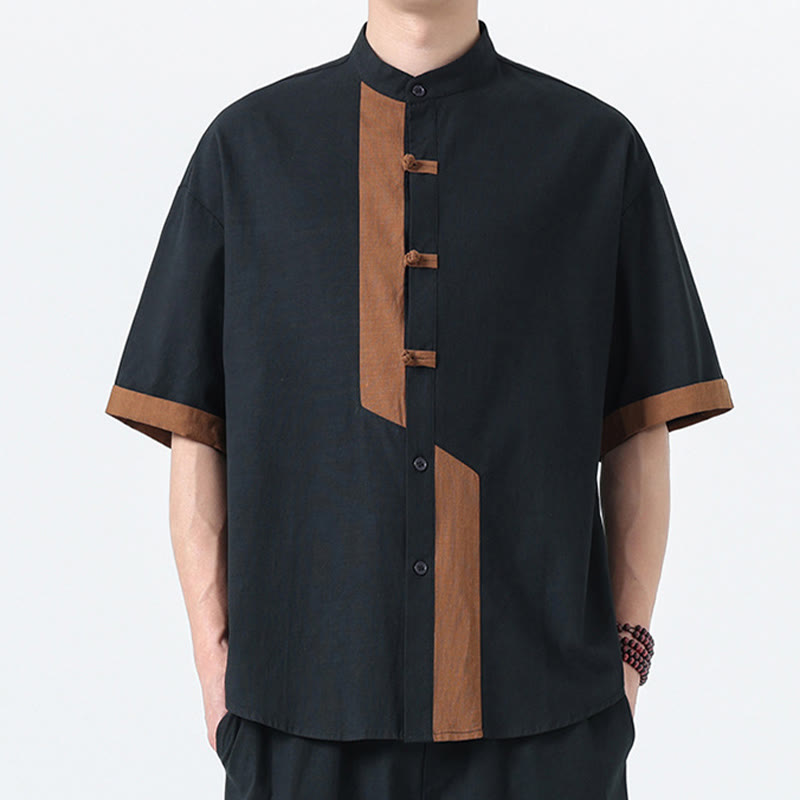 Buddha Stones Casual Color Matching Chinese Frog-Button Design Tang Suit Men's Half Sleeve Cotton Linen Shirt - Black With Peru - US/UK/AU46，EU56 (5XL) - image 0