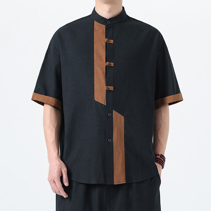 Buddha Stones Casual Color Matching Chinese Frog-Button Design Tang Suit Men's Half Sleeve Cotton Linen Shirt - image 1