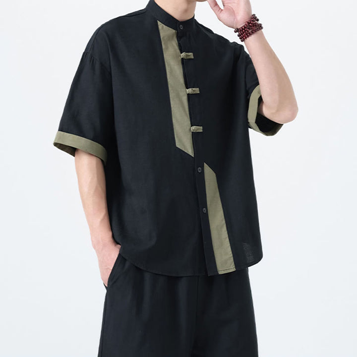 Buddha Stones Casual Color Matching Chinese Frog-Button Design Tang Suit Men's Half Sleeve Cotton Linen Shirt - image 25