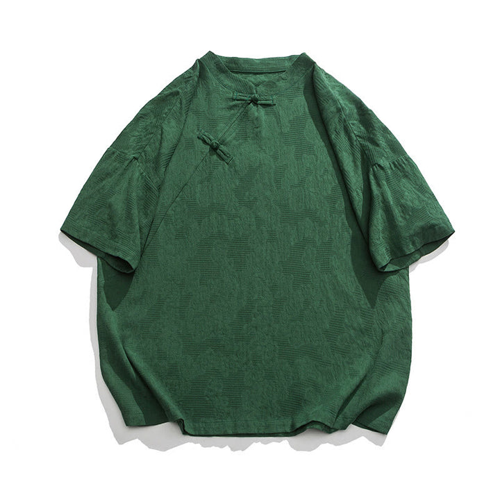 Buddha Stones Retro Pure Color Frog-Button Design Jacquard Flower Pattern Men's Short Sleeve Cotton Linen Shirt - image 13