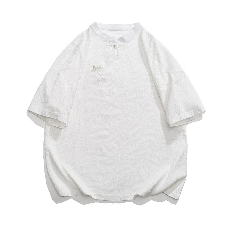 Buddha Stones Retro Pure Color Frog-Button Design Jacquard Flower Pattern Men's Short Sleeve Cotton Linen Shirt - White - US/UK/AU46，EU56 (5XL) - image 14