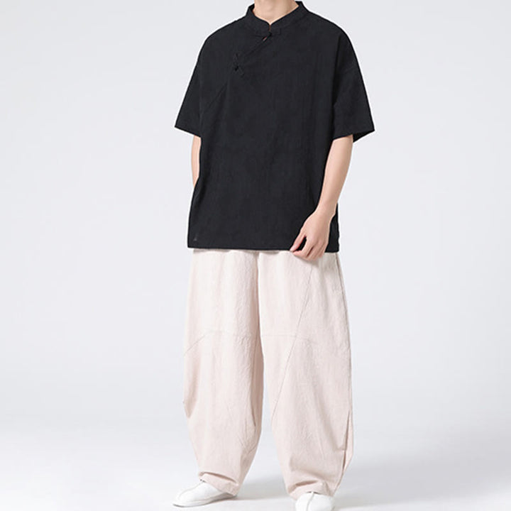 Buddha Stones Retro Pure Color Frog-Button Design Jacquard Flower Pattern Men's Short Sleeve Cotton Linen Shirt - image 32