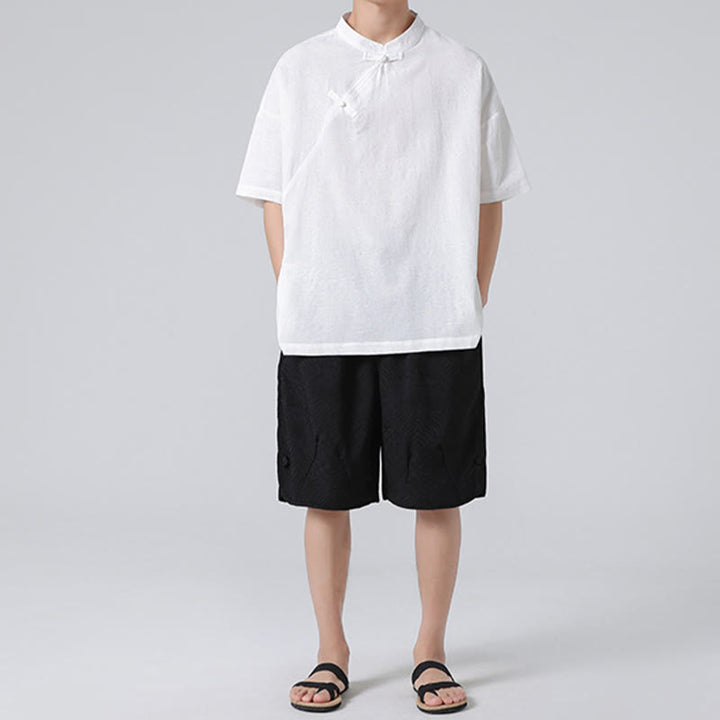 Buddha Stones Retro Pure Color Frog-Button Design Jacquard Flower Pattern Men's Short Sleeve Cotton Linen Shirt - image 23