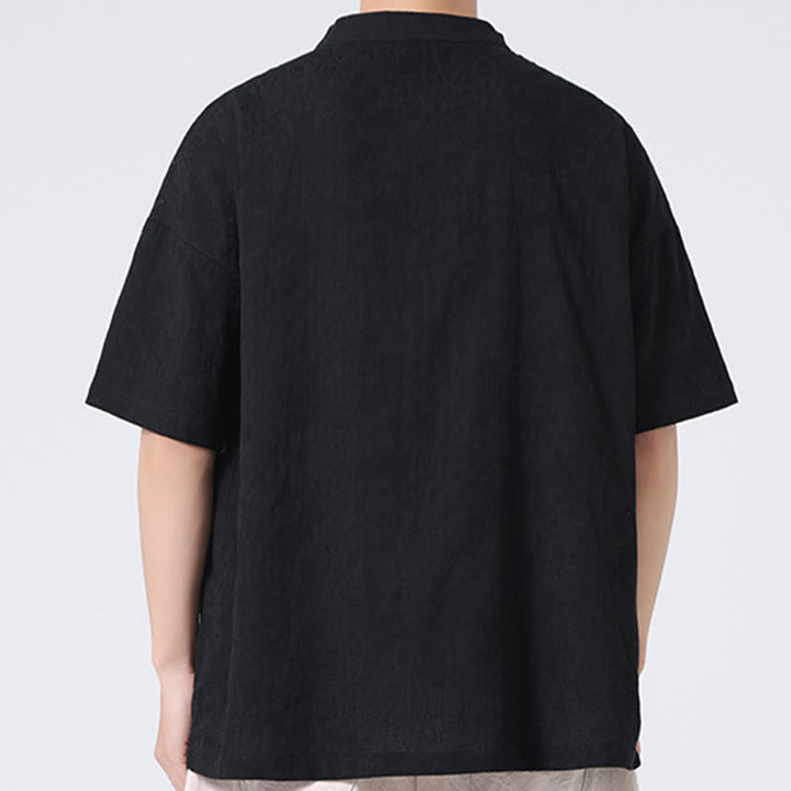 Buddha Stones Retro Pure Color Frog-Button Design Jacquard Flower Pattern Men's Short Sleeve Cotton Linen Shirt - image 29